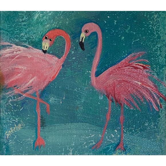 Original small painting flamingo pair signed acrylic handpainted 5x7x1/2 in gift - Picture 5 of 5